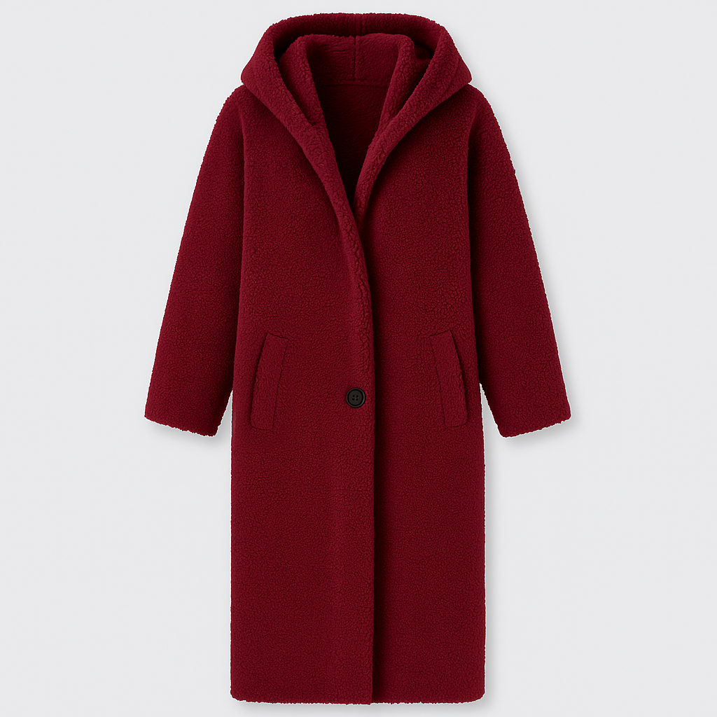 hooded sherpa coat with open front and soft fleece texture, designed for cozy cold-weather layering