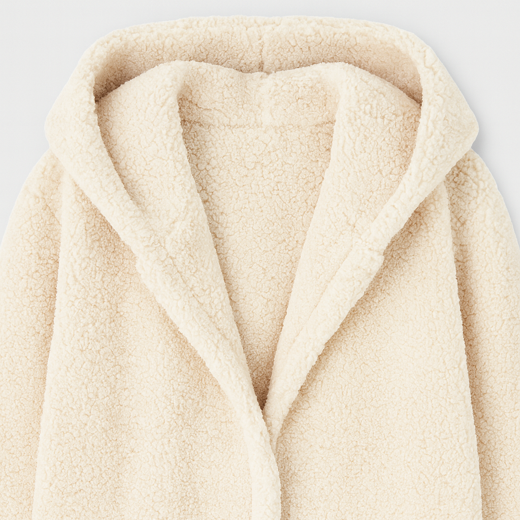 hooded sherpa coat with open front and soft fleece texture, designed for cozy cold-weather layering