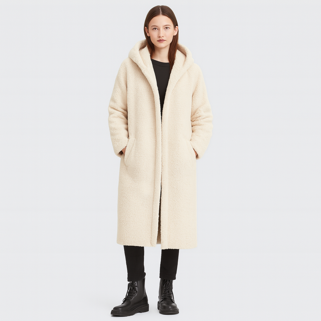hooded sherpa coat with open front and soft fleece texture, designed for cozy cold-weather layering