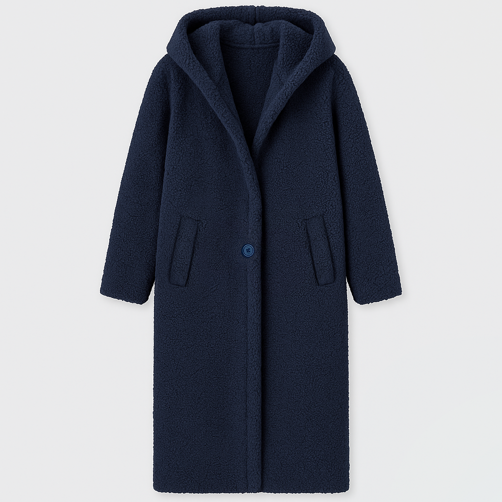 hooded sherpa coat with open front and soft fleece texture, designed for cozy cold-weather layering
