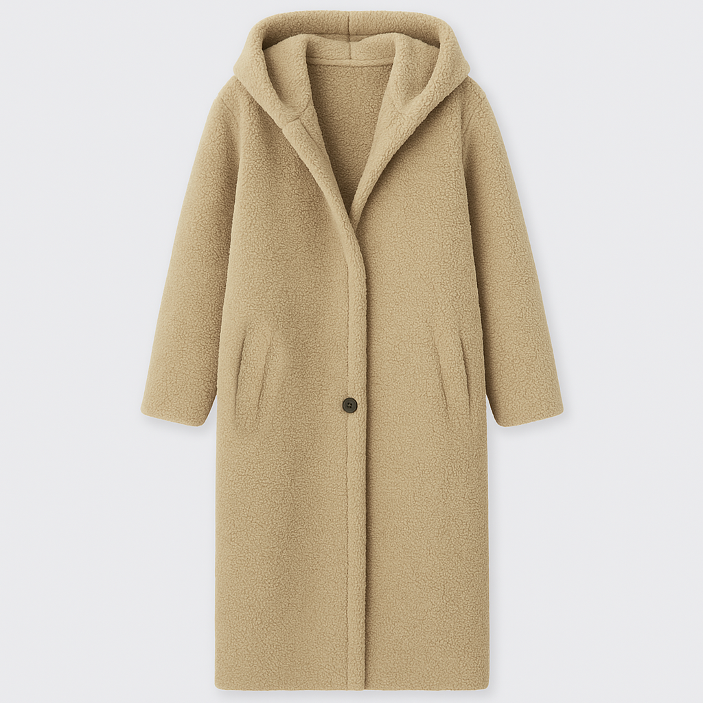 hooded sherpa coat with open front and soft fleece texture, designed for cozy cold-weather layering
