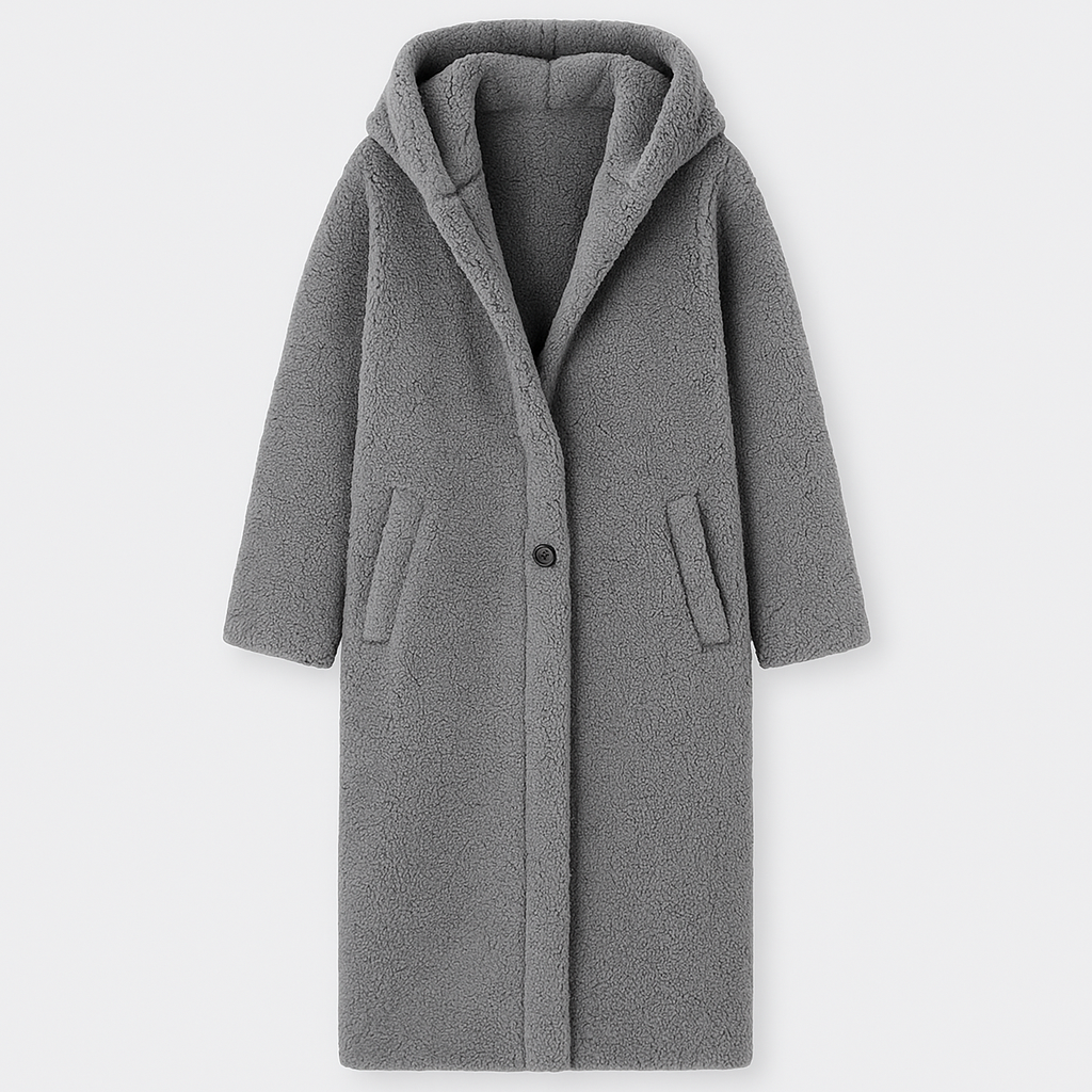hooded sherpa coat with open front and soft fleece texture, designed for cozy cold-weather layering