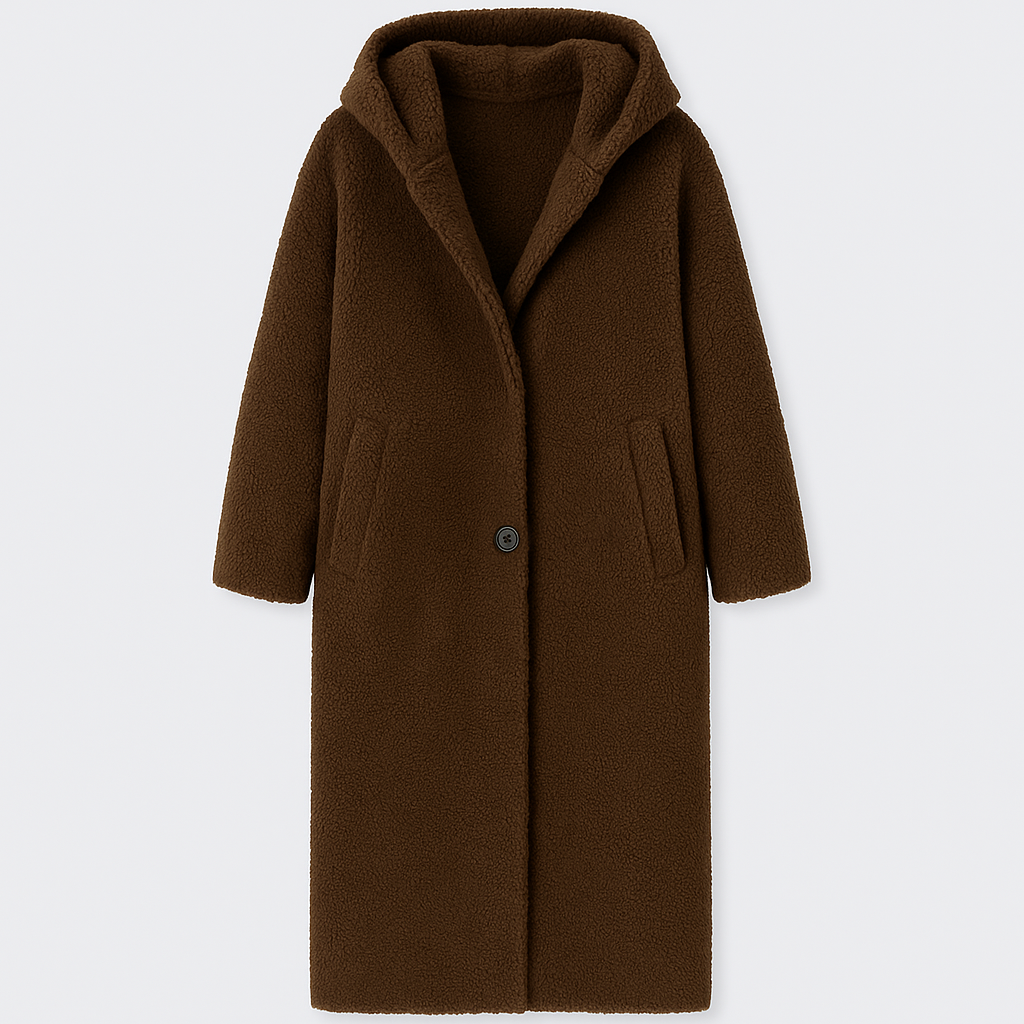 hooded sherpa coat with open front and soft fleece texture, designed for cozy cold-weather layering