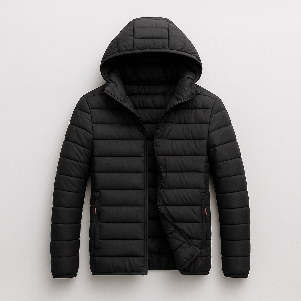 Quilted hooded puffer jacket with front zipper and lightweight down filling, designed for casual cold-weather wear