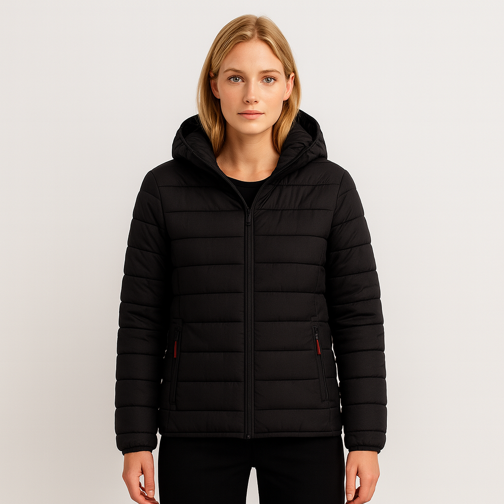 Quilted hooded puffer jacket with front zipper and lightweight down filling, designed for casual cold-weather wear