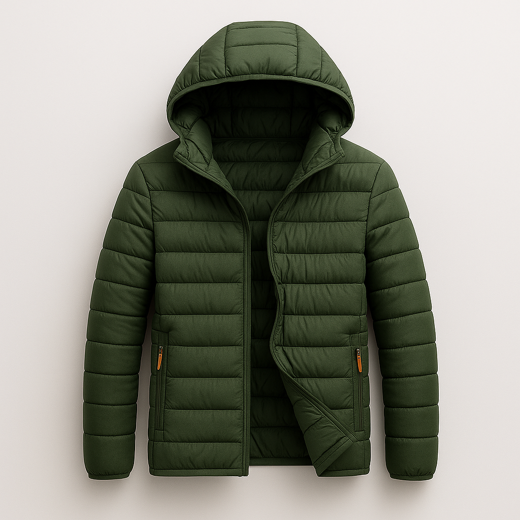 Quilted hooded puffer jacket with front zipper and lightweight down filling, designed for casual cold-weather wear