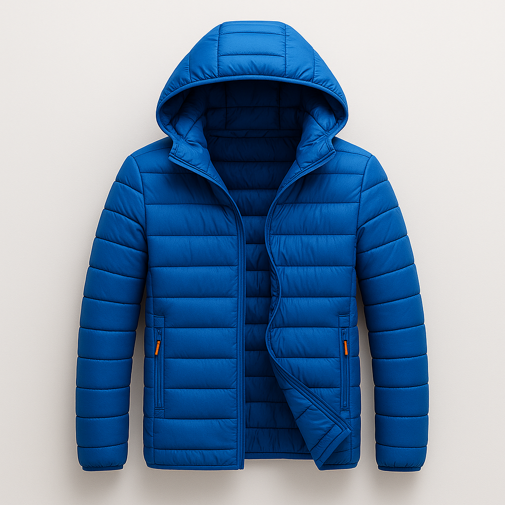 Quilted hooded puffer jacket with front zipper and lightweight down filling, designed for casual cold-weather wear
