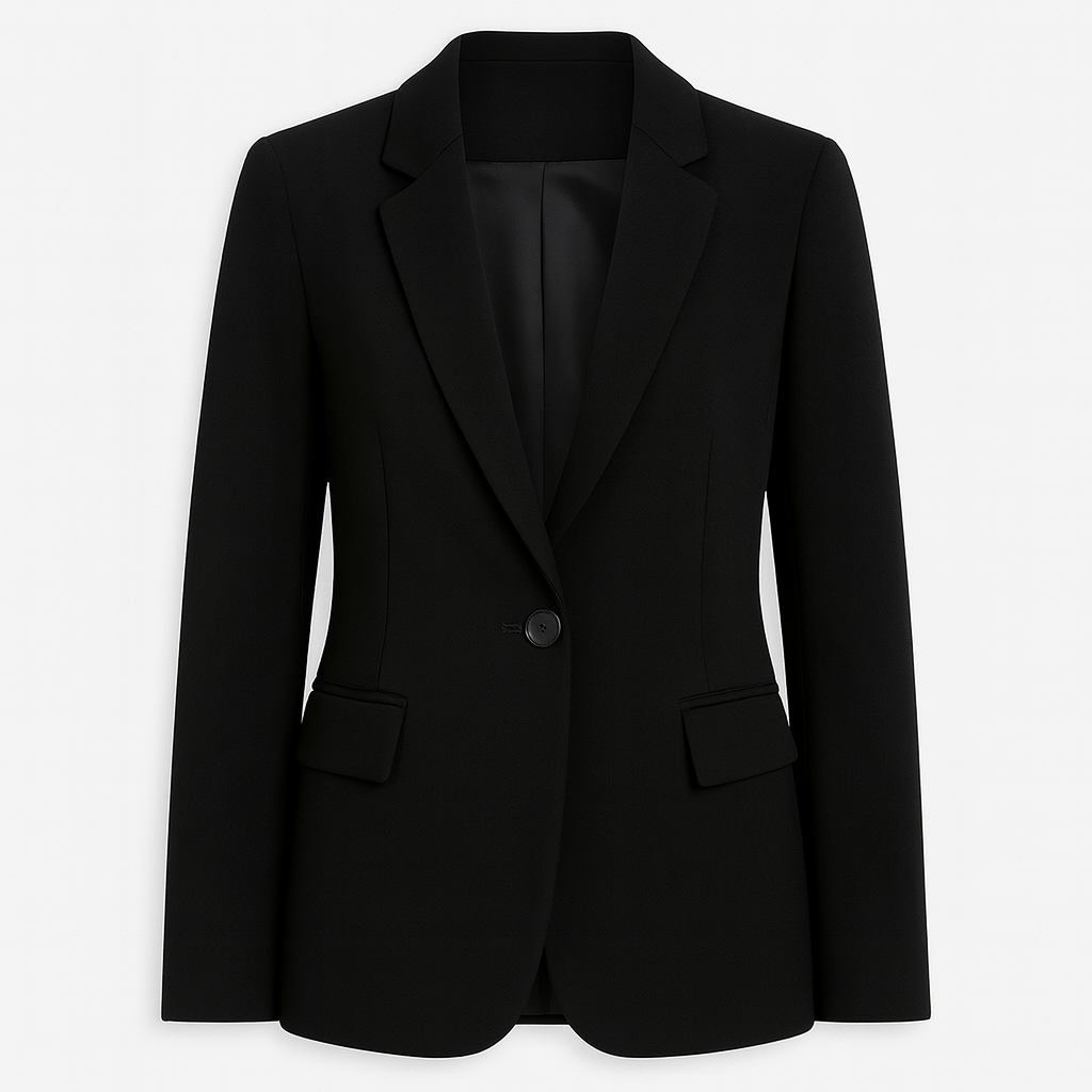 Tailored blazer featuring a notched lapel collar, single-button closure, flap pockets at the front, and long sleeves.