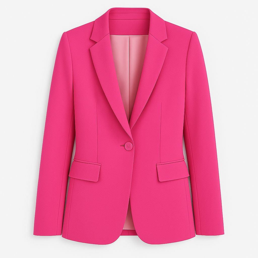 Tailored blazer featuring a notched lapel collar, single-button closure, flap pockets at the front, and long sleeves.