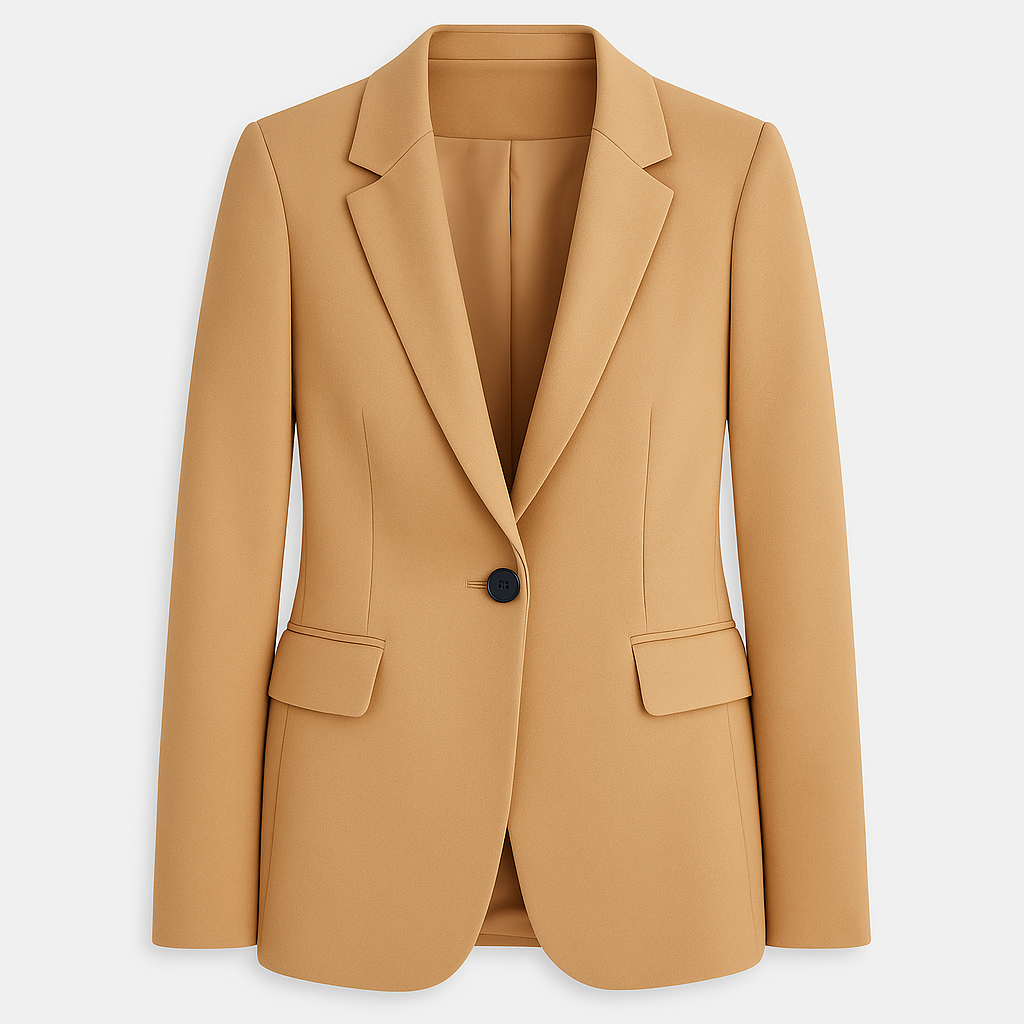 Tailored blazer featuring a notched lapel collar, single-button closure, flap pockets at the front, and long sleeves.