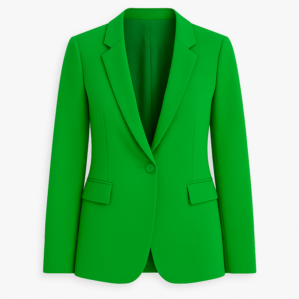 Tailored blazer featuring a notched lapel collar, single-button closure, flap pockets at the front, and long sleeves.