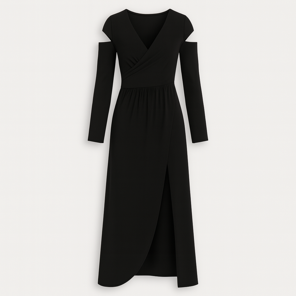 Long-sleeve maxi dress featuring a deep V-neckline, cold-shoulder cutouts, a gathered waist, and a front overlap slit.