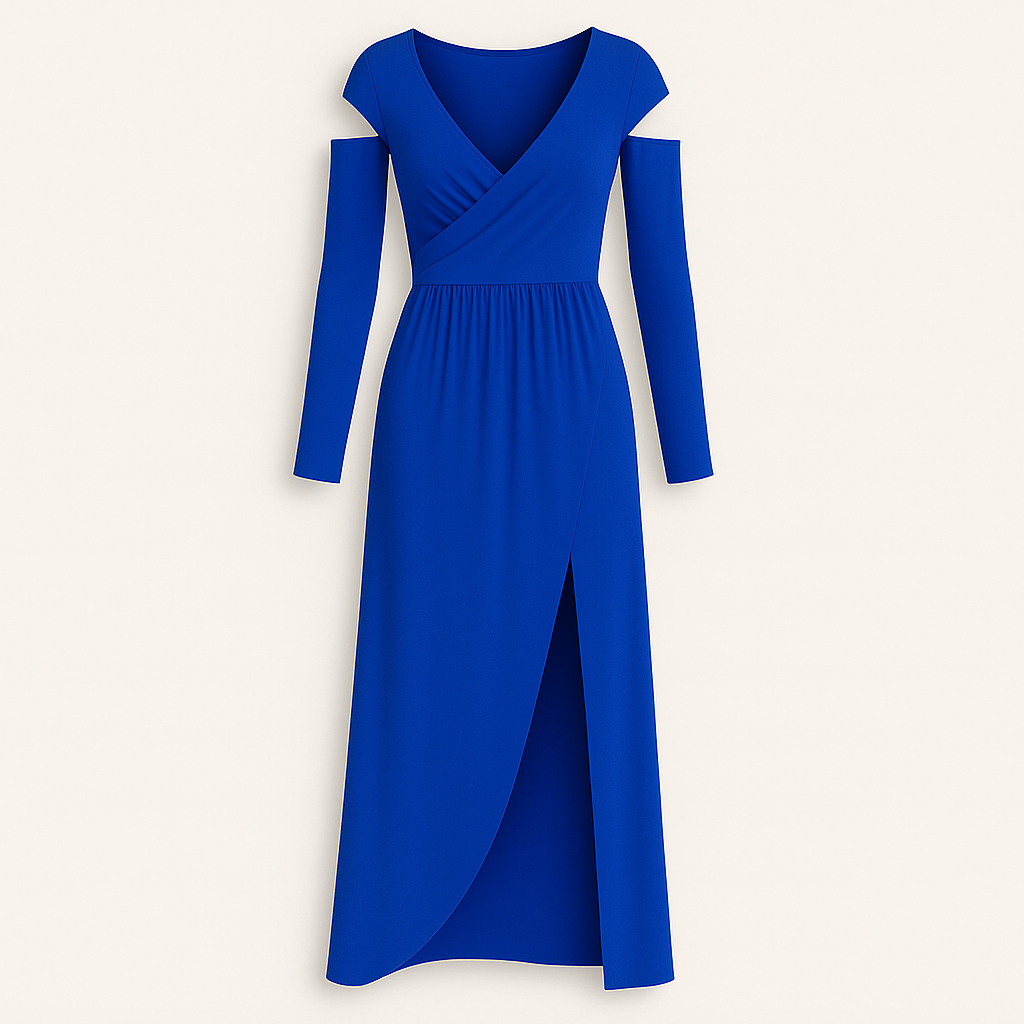 Long-sleeve maxi dress featuring a deep V-neckline, cold-shoulder cutouts, a gathered waist, and a front overlap slit.