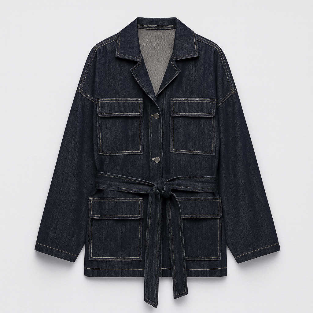 A denim jacket with long sleeves, a notched collar, button front, large patch pockets, and a tie belt.