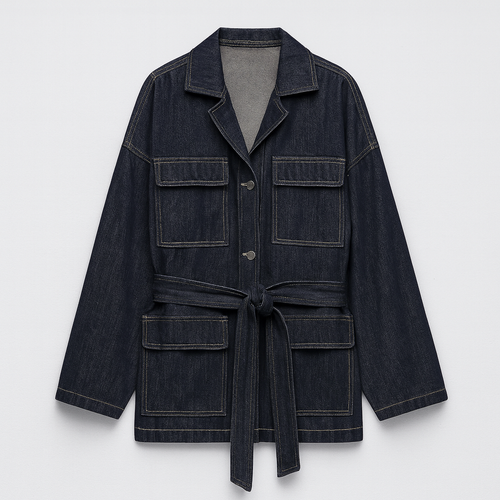 A denim jacket with long sleeves, a notched collar, button front, large patch pockets, and a tie belt.