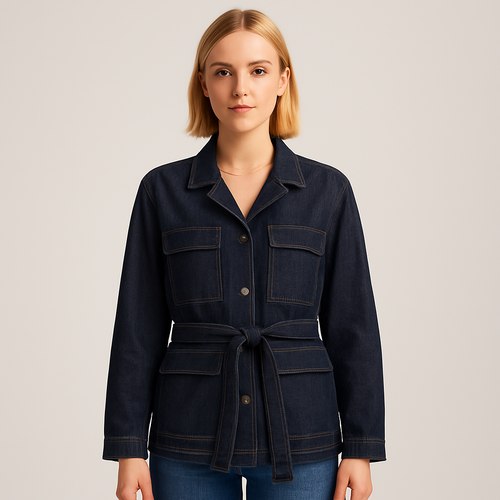 A denim jacket with long sleeves, a notched collar, button front, large patch pockets, and a tie belt.