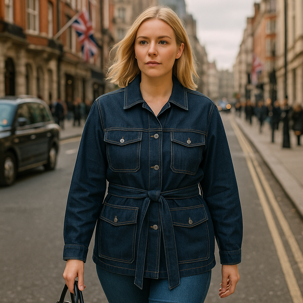 A denim jacket with long sleeves, a notched collar, button front, large patch pockets, and a tie belt.