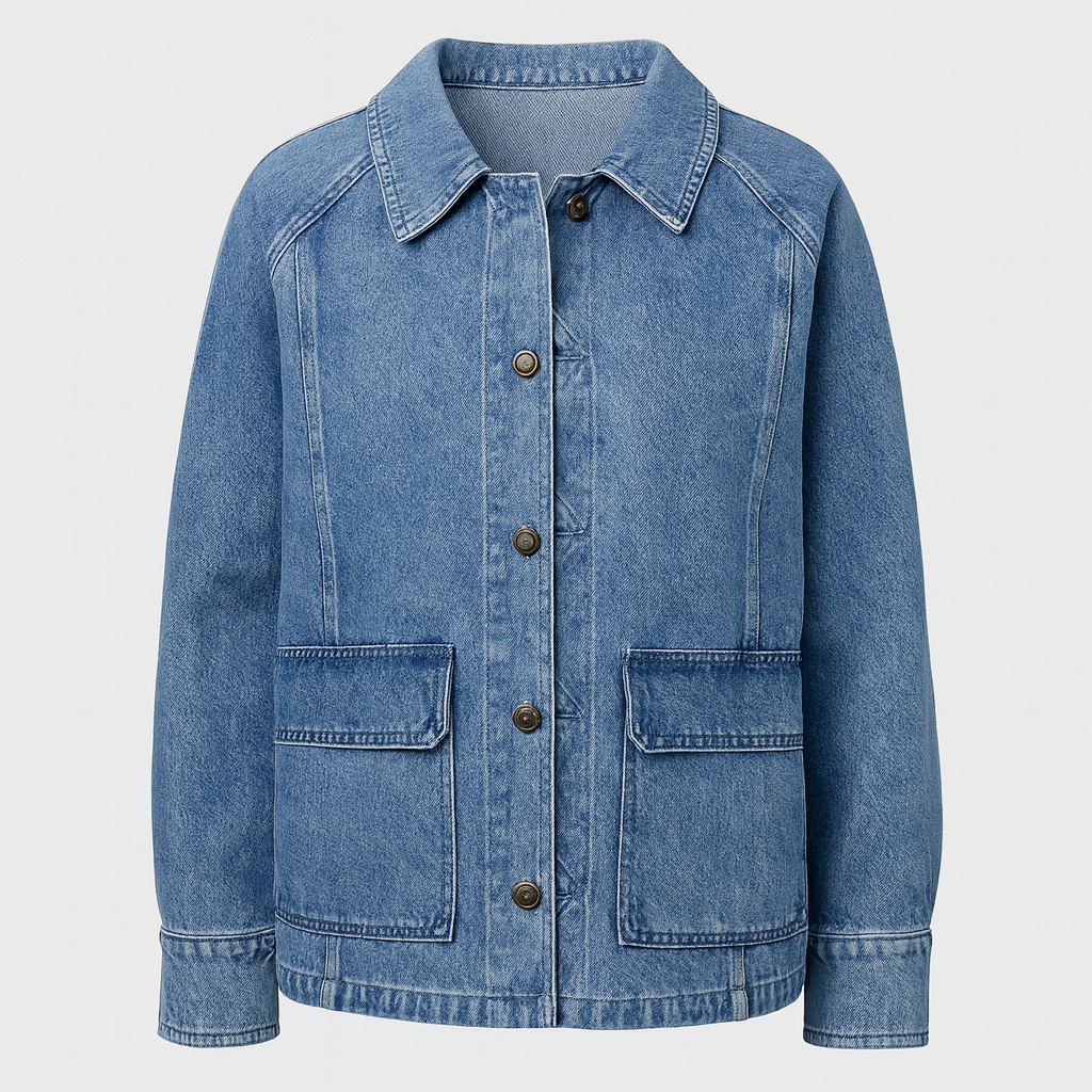 A mid-wash blue denim jacket with a pointed collar, button-down front, long sleeves, and a relaxed hip-length fit