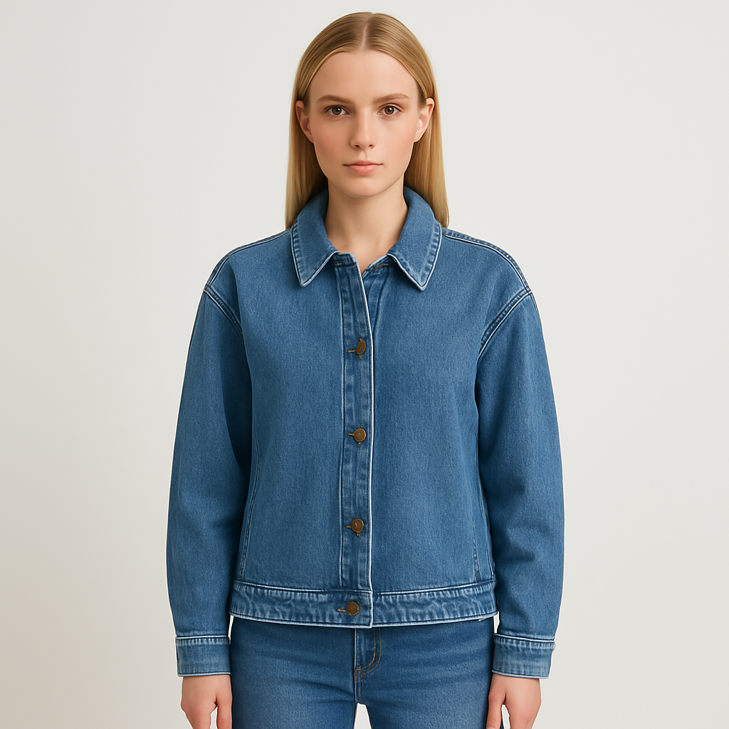 A mid-wash blue denim jacket with a pointed collar, button-down front, long sleeves, and a relaxed hip-length fit