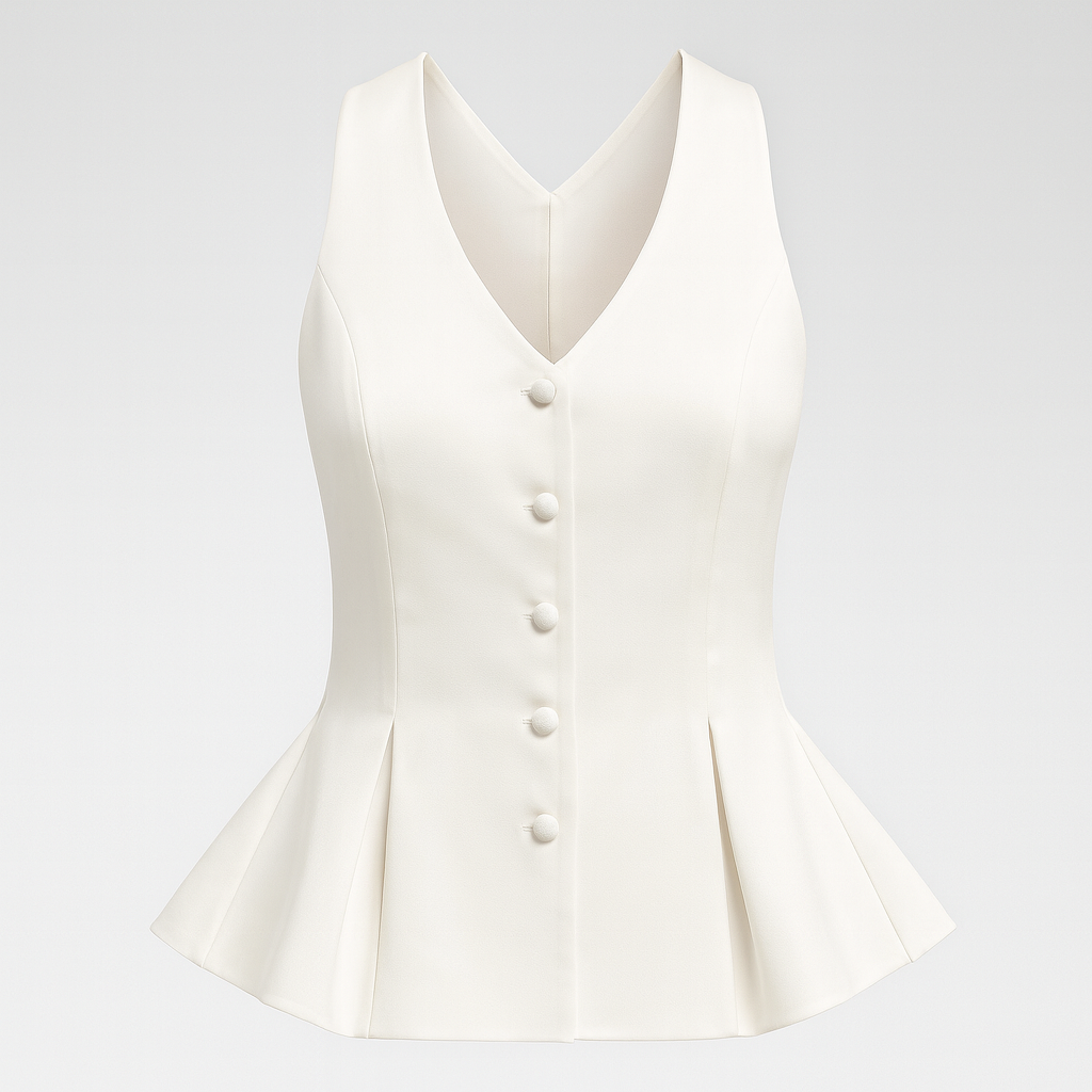 Peplum blouse with a tailored waist, V-neckline, front button closure, sleeveless cut, and flared hem.