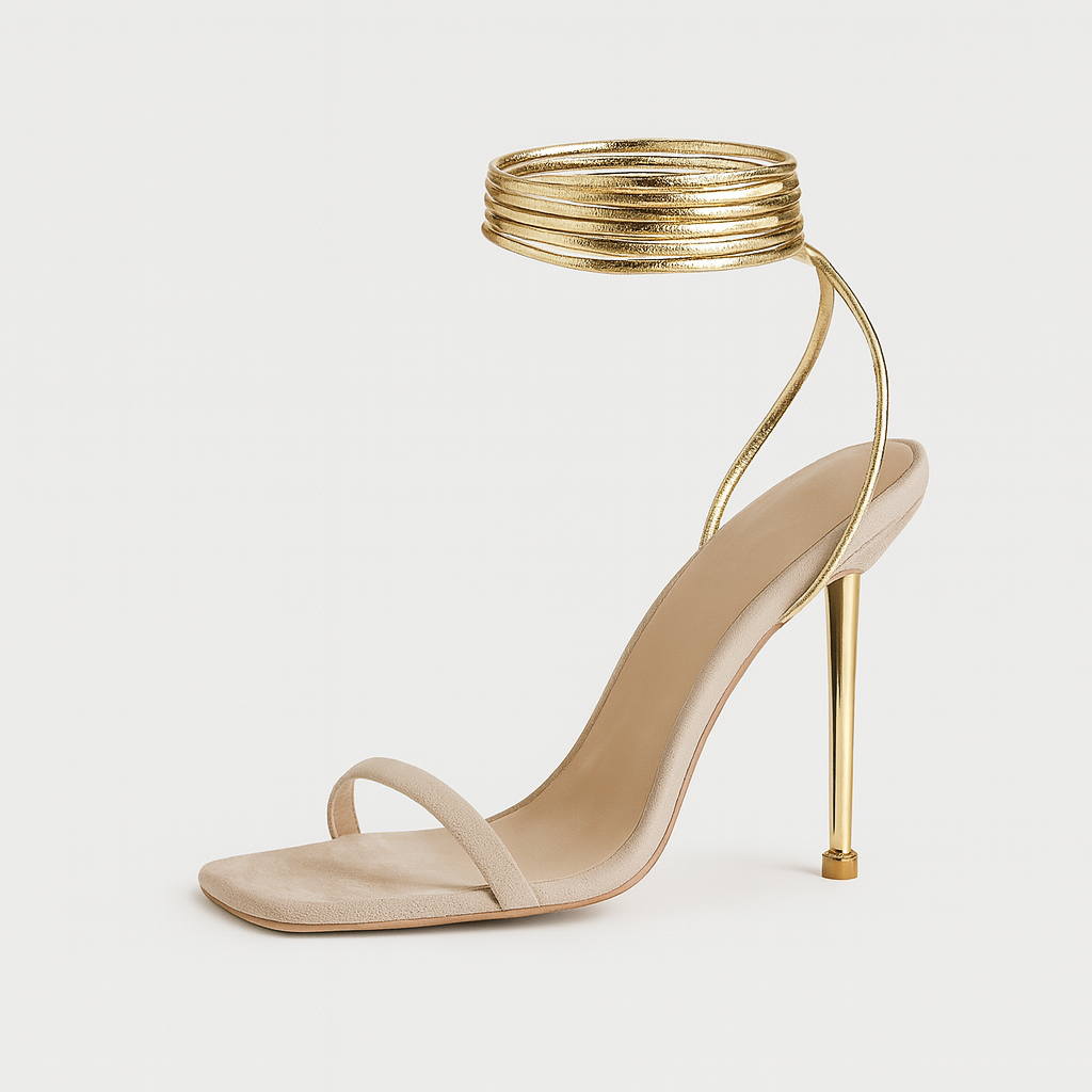 Stiletto sandal with minimalist strap and metallic coil ankle wrap