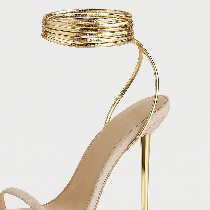 Stiletto sandal with minimalist strap and metallic coil ankle wrap