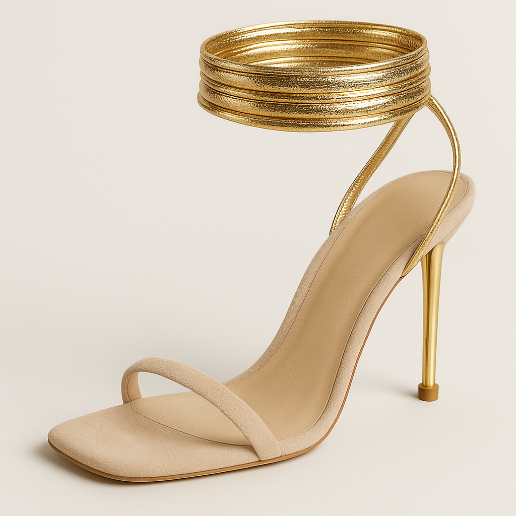 Stiletto sandal with minimalist strap and metallic coil ankle wrap