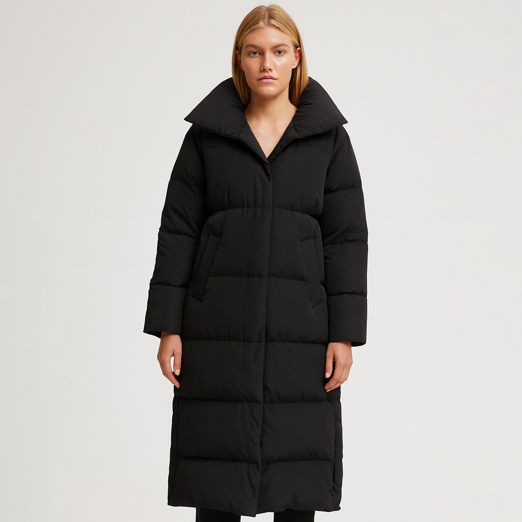 Long puffer coat with oversized collar and quilted design, styled for modern cold-weather wear