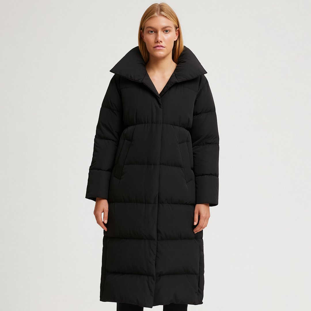 Long puffer coat with oversized collar and quilted design, styled for modern cold-weather wear