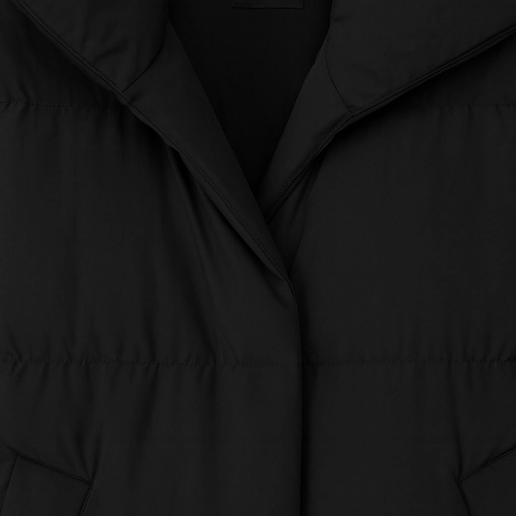 Long puffer coat with oversized collar and quilted design, styled for modern cold-weather wear