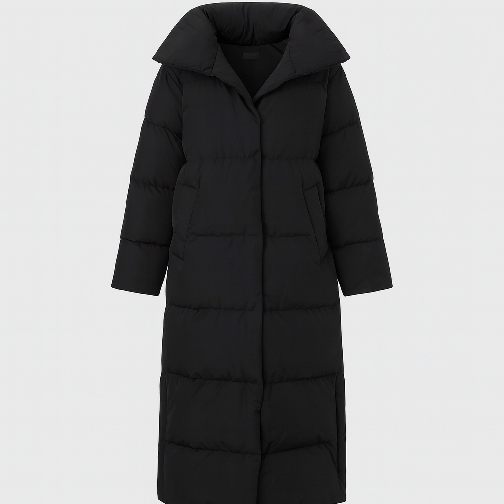 Long puffer coat with oversized collar and quilted design, styled for modern cold-weather wear