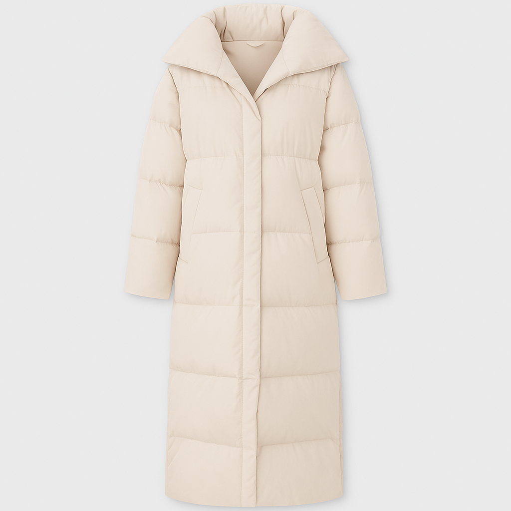 Long puffer coat with oversized collar and quilted design, styled for modern cold-weather wear