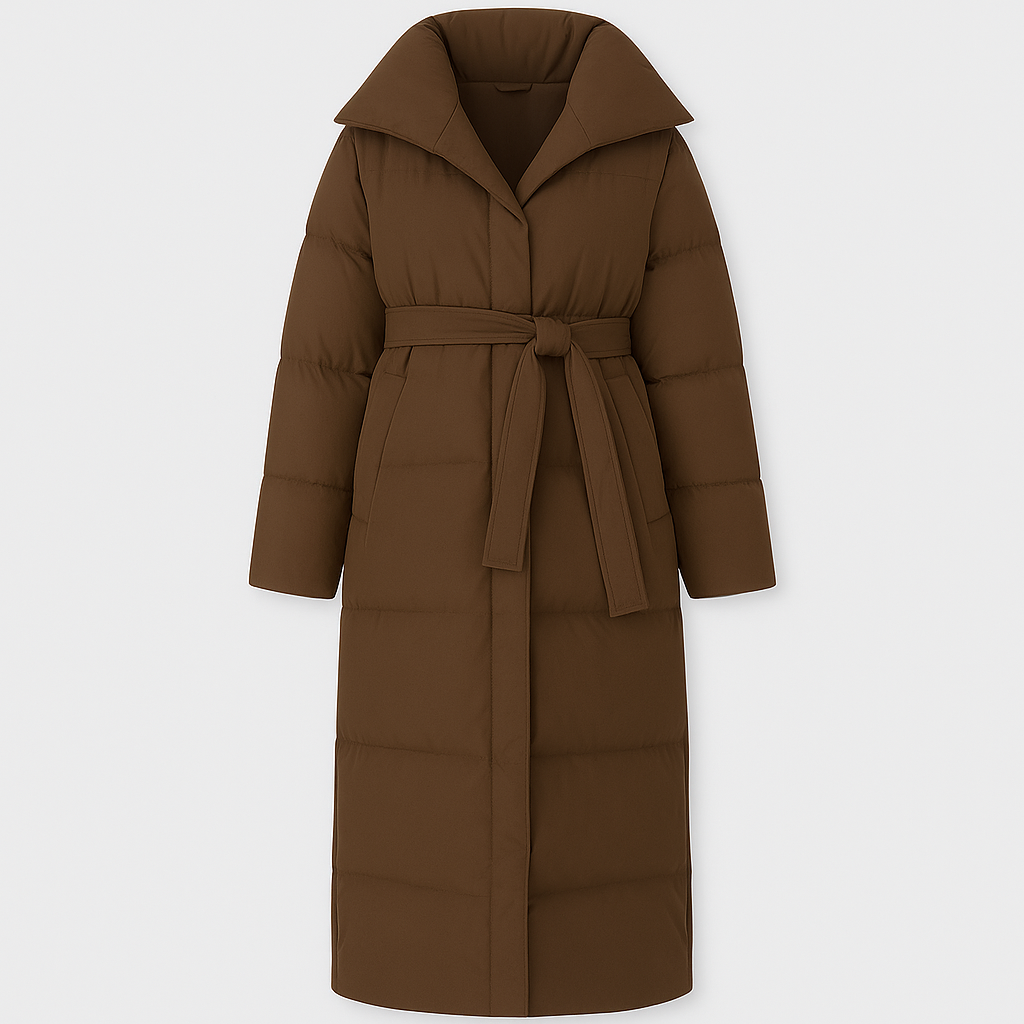 Long puffer coat with oversized collar and quilted design, styled for modern cold-weather wear