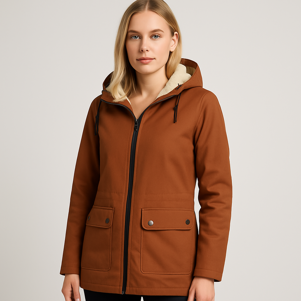Utility parka with hood, zip-front closure, flap pockets, and soft inner lining, styled for casual outdoor wear