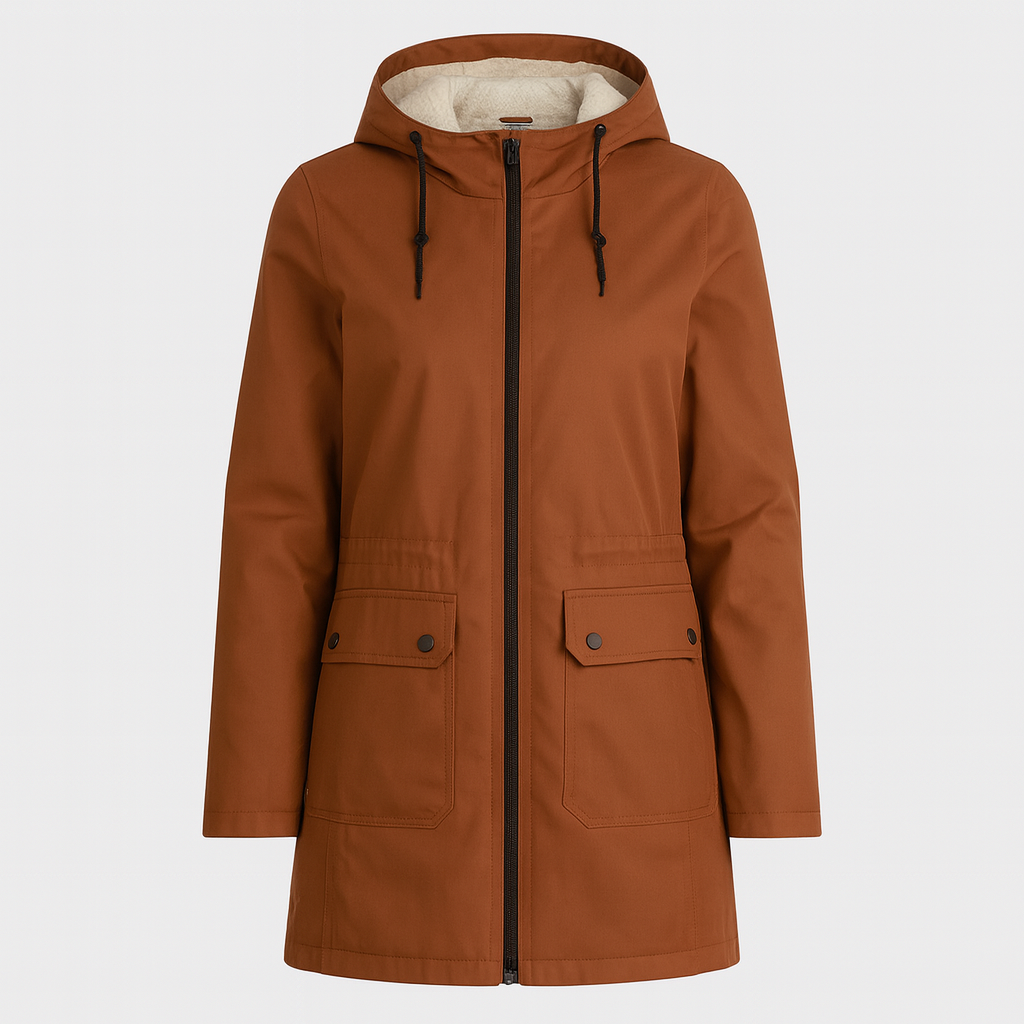 Utility parka with hood, zip-front closure, flap pockets, and soft inner lining, styled for casual outdoor wear