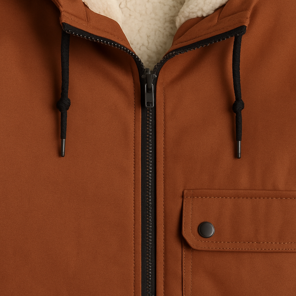 Utility parka with hood, zip-front closure, flap pockets, and soft inner lining, styled for casual outdoor wear