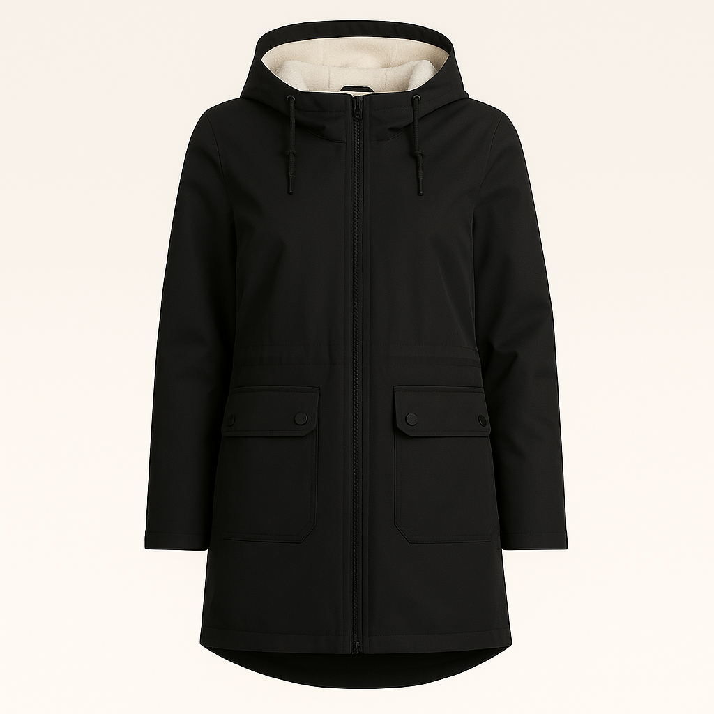 Utility parka with hood, zip-front closure, flap pockets, and soft inner lining, styled for casual outdoor wear