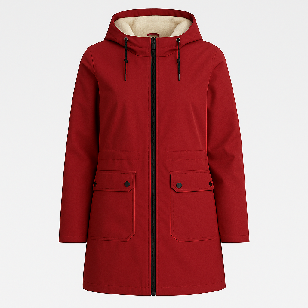 Utility parka with hood, zip-front closure, flap pockets, and soft inner lining, styled for casual outdoor wear