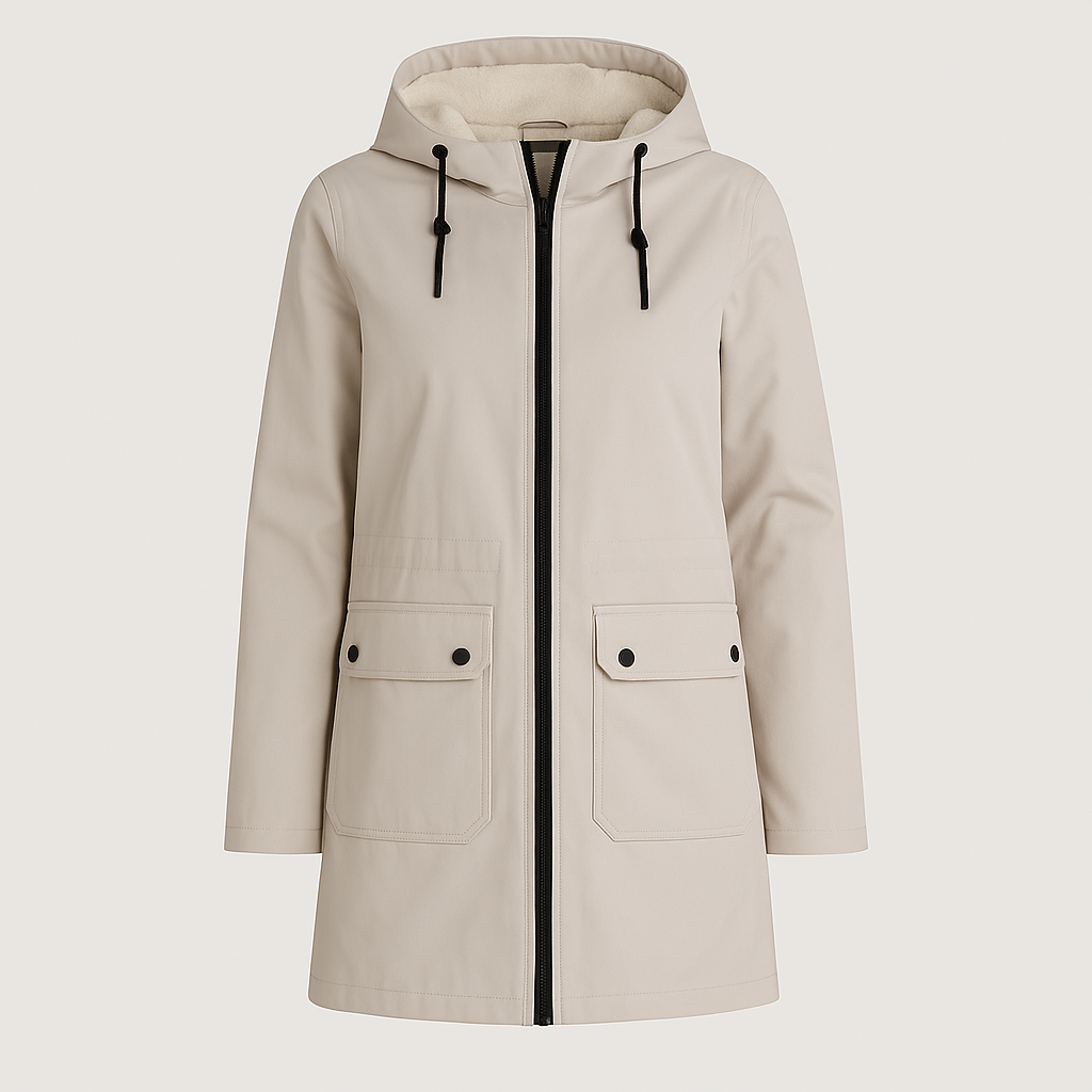 Utility parka with hood, zip-front closure, flap pockets, and soft inner lining, styled for casual outdoor wear