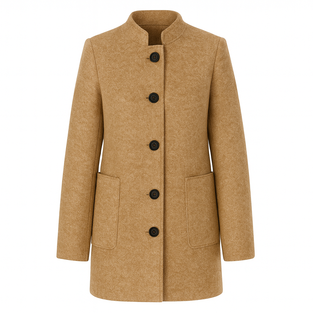 Long-sleeve wool coat with a stand collar, front button closure, and large patch pockets.