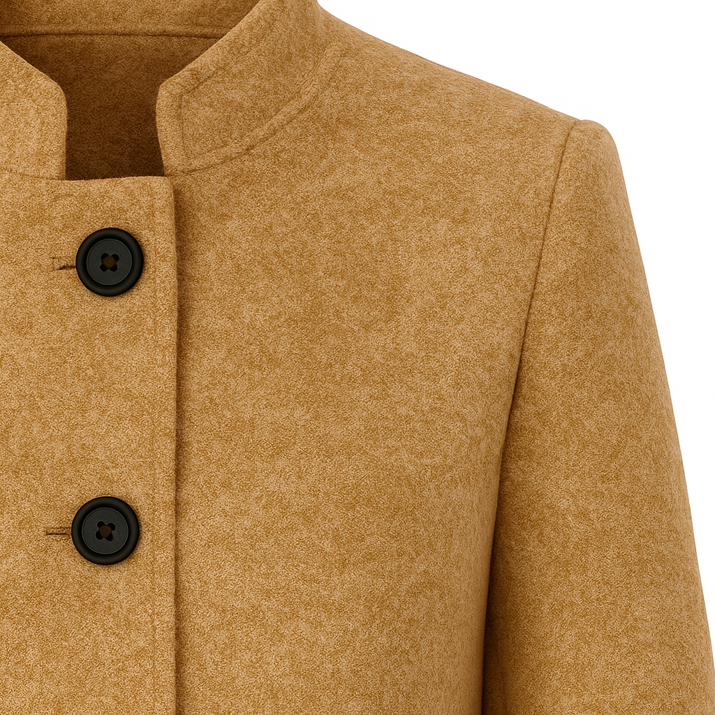 Long-sleeve wool coat with a stand collar, front button closure, and large patch pockets.