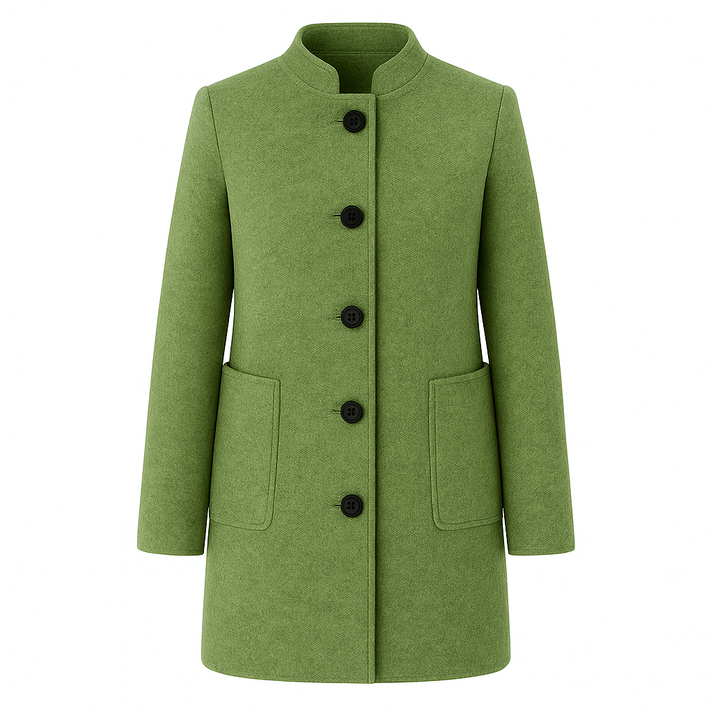 Long-sleeve wool coat with a stand collar, front button closure, and large patch pockets.