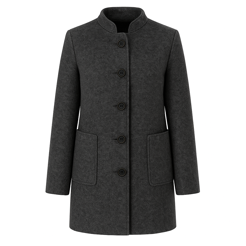 Long-sleeve wool coat with a stand collar, front button closure, and large patch pockets.