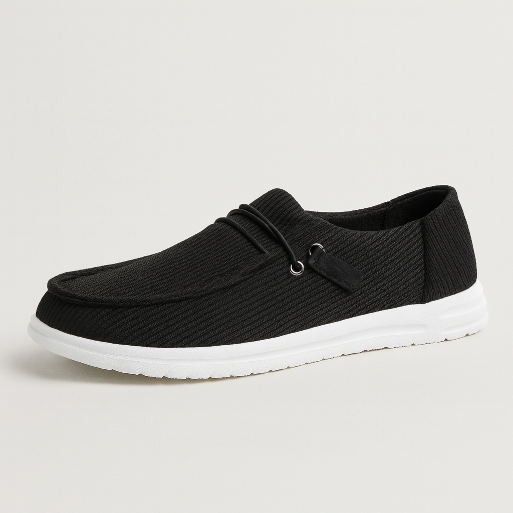 Slip-on casual loafers with ribbed fabric texture, round toe, lace-up accent on the side, and cushioned lightweight sole.