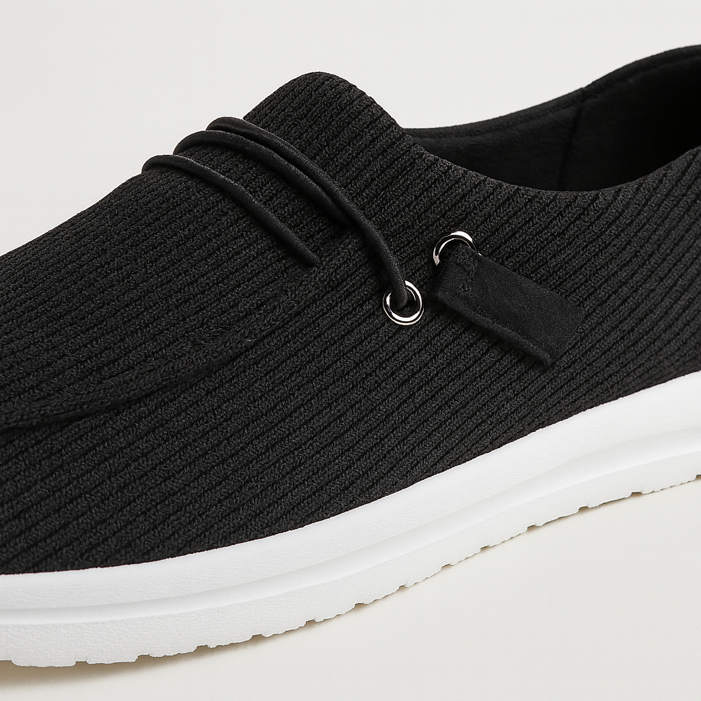 Slip-on casual loafers with ribbed fabric texture, round toe, lace-up accent on the side, and cushioned lightweight sole.