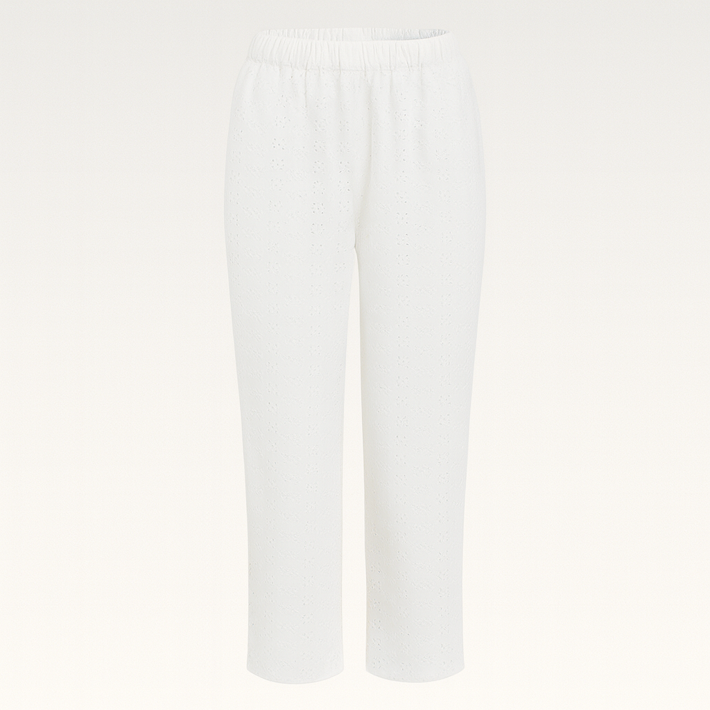Relaxed cotton pants with elastic waistband and subtle pinstripe texture.