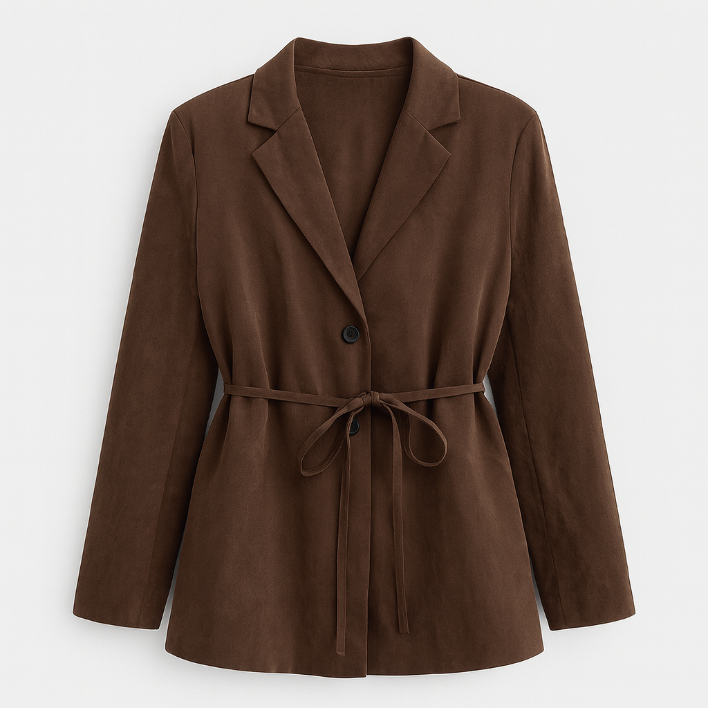 Brown faux suede blazer with notched lapel, button closure, and adjustable tie waist, displayed on a mannequin