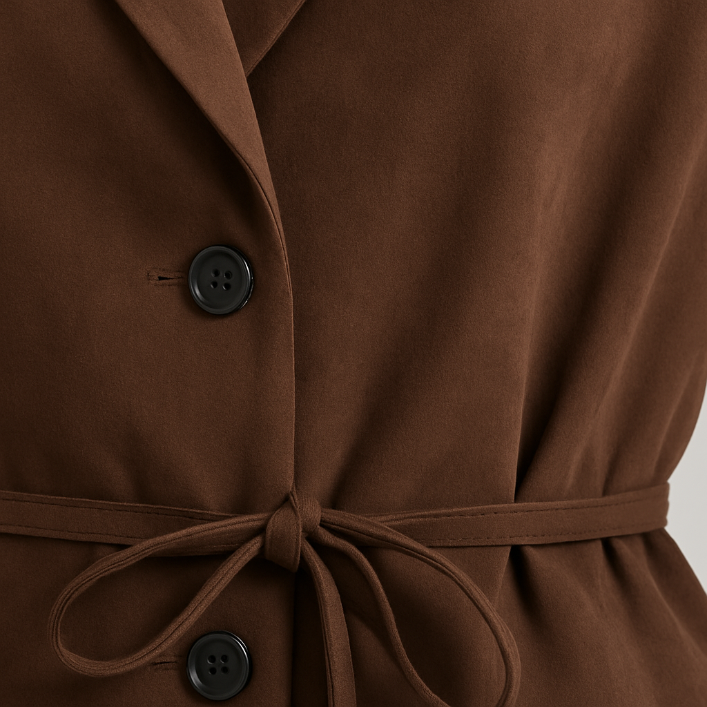 Brown faux suede blazer with notched lapel, button closure, and adjustable tie waist, displayed on a mannequin