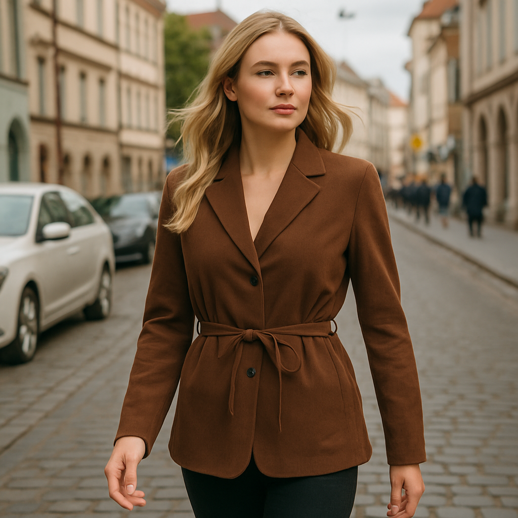 Brown faux suede blazer with notched lapel, button closure, and adjustable tie waist, displayed on a mannequin