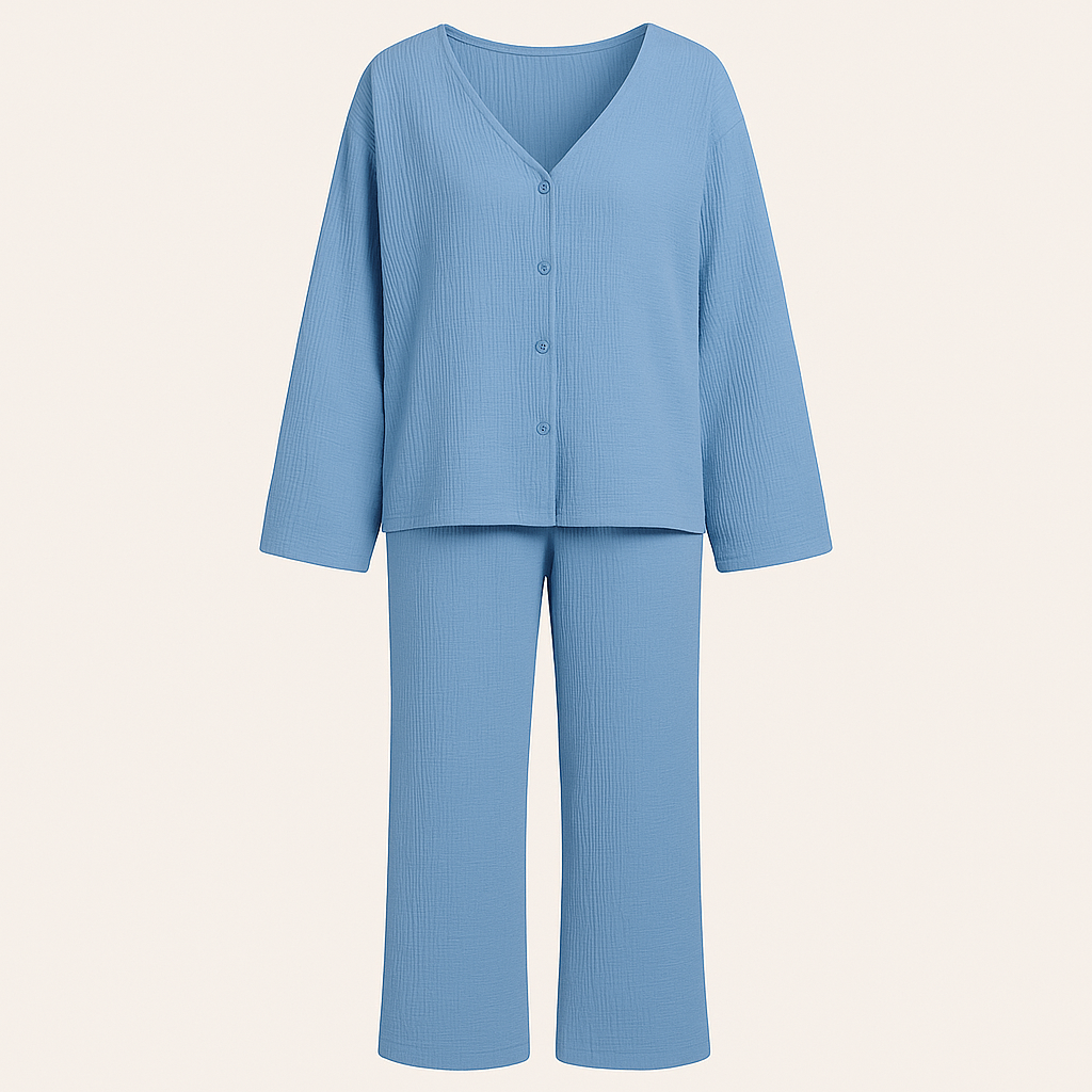 Relaxed lounge set with button-up top and wide-leg pants, styled for lightweight casual comfort